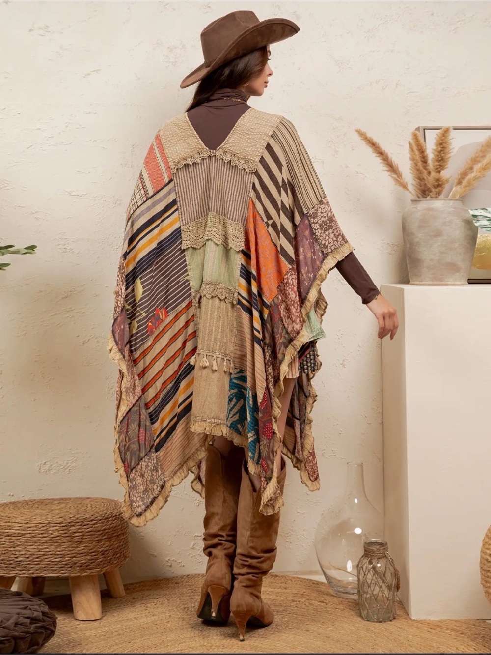 Young Threads Bohemian Fringe Patchwork Poncho Shrug - Picture 3 of 6